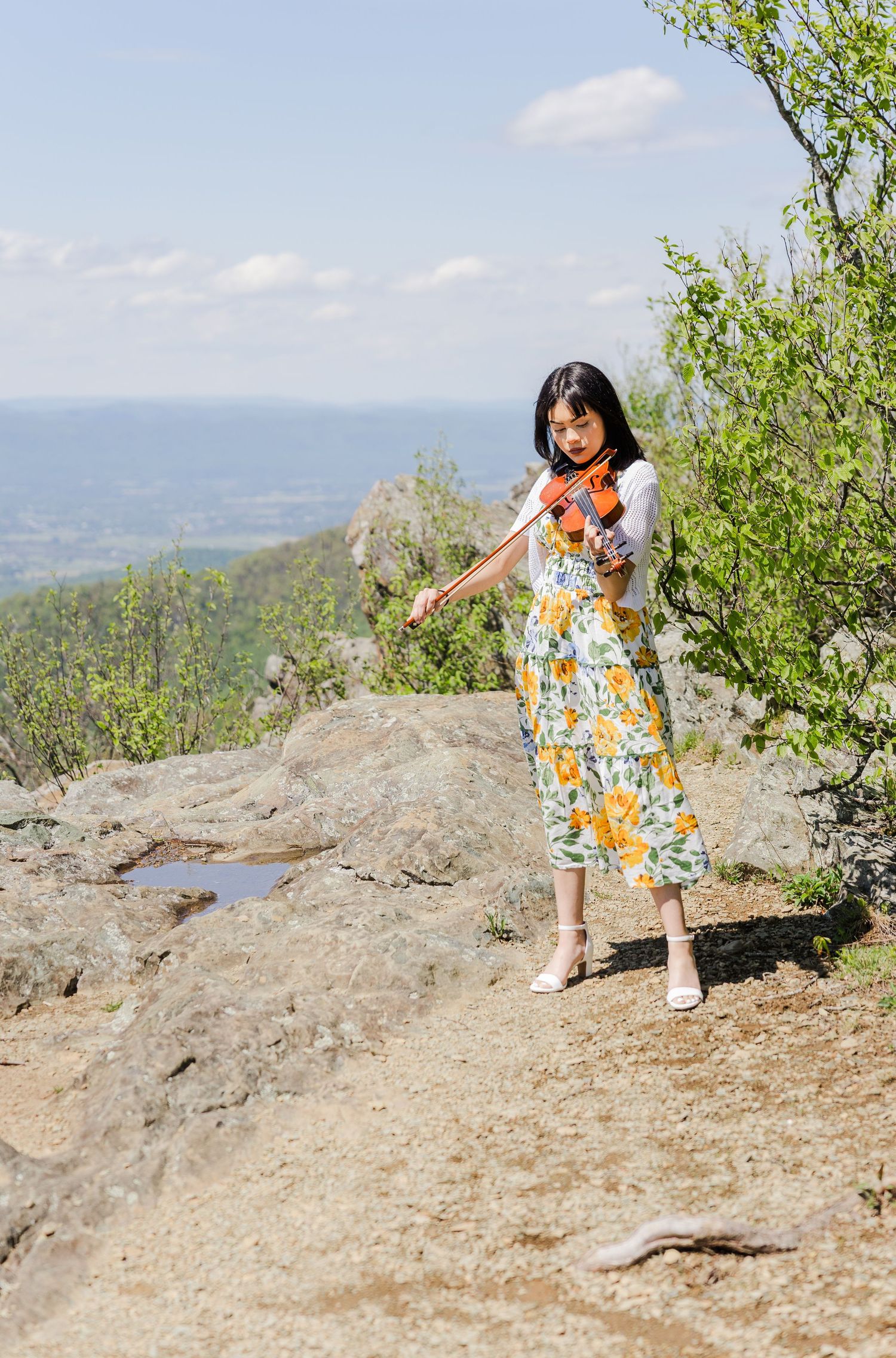 Woman in floral dress playing violin on rocky mountain overlook with scenic valley views.