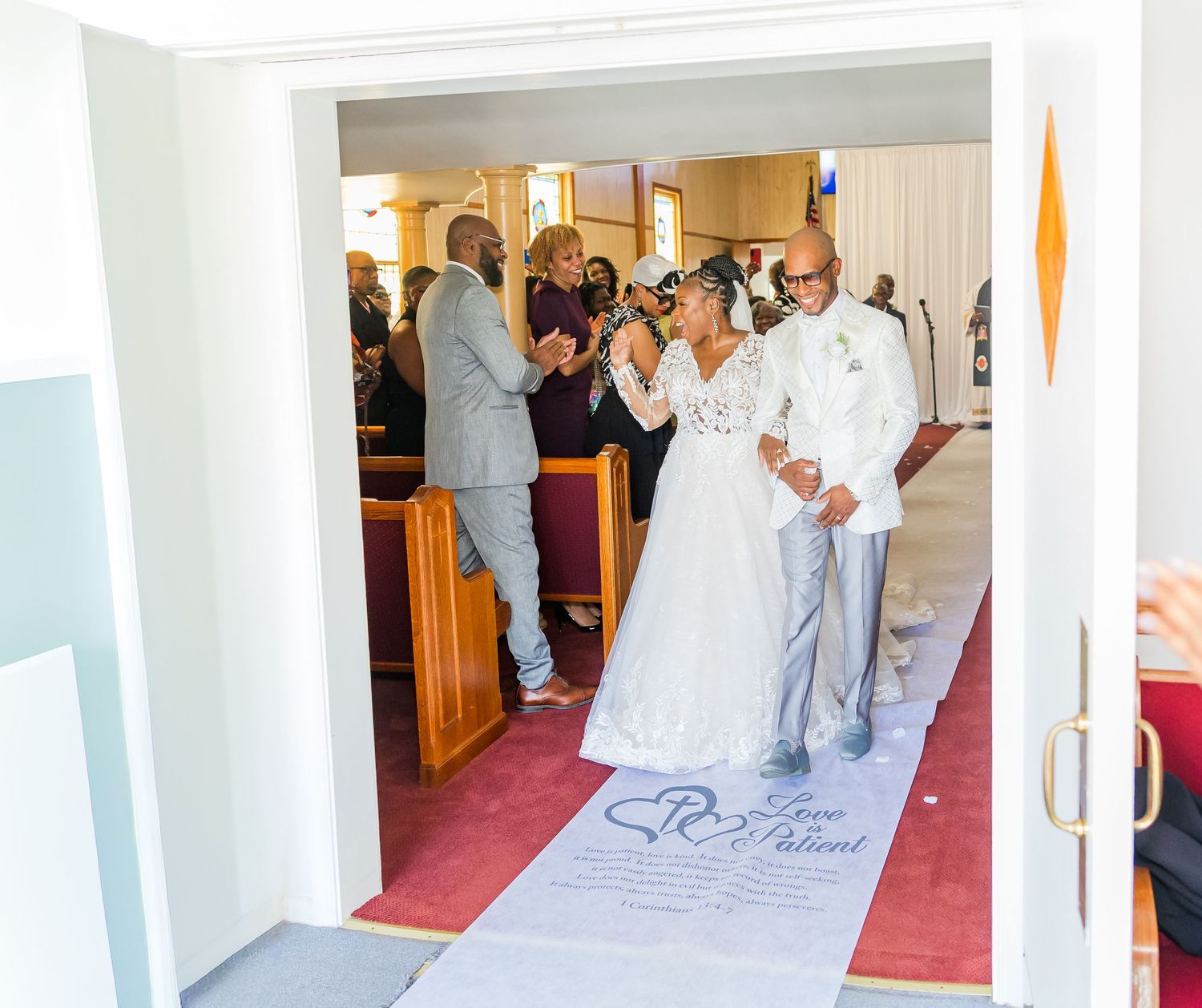 A series of wedding photos showing people in white and gray formal attire walking through a hallway.