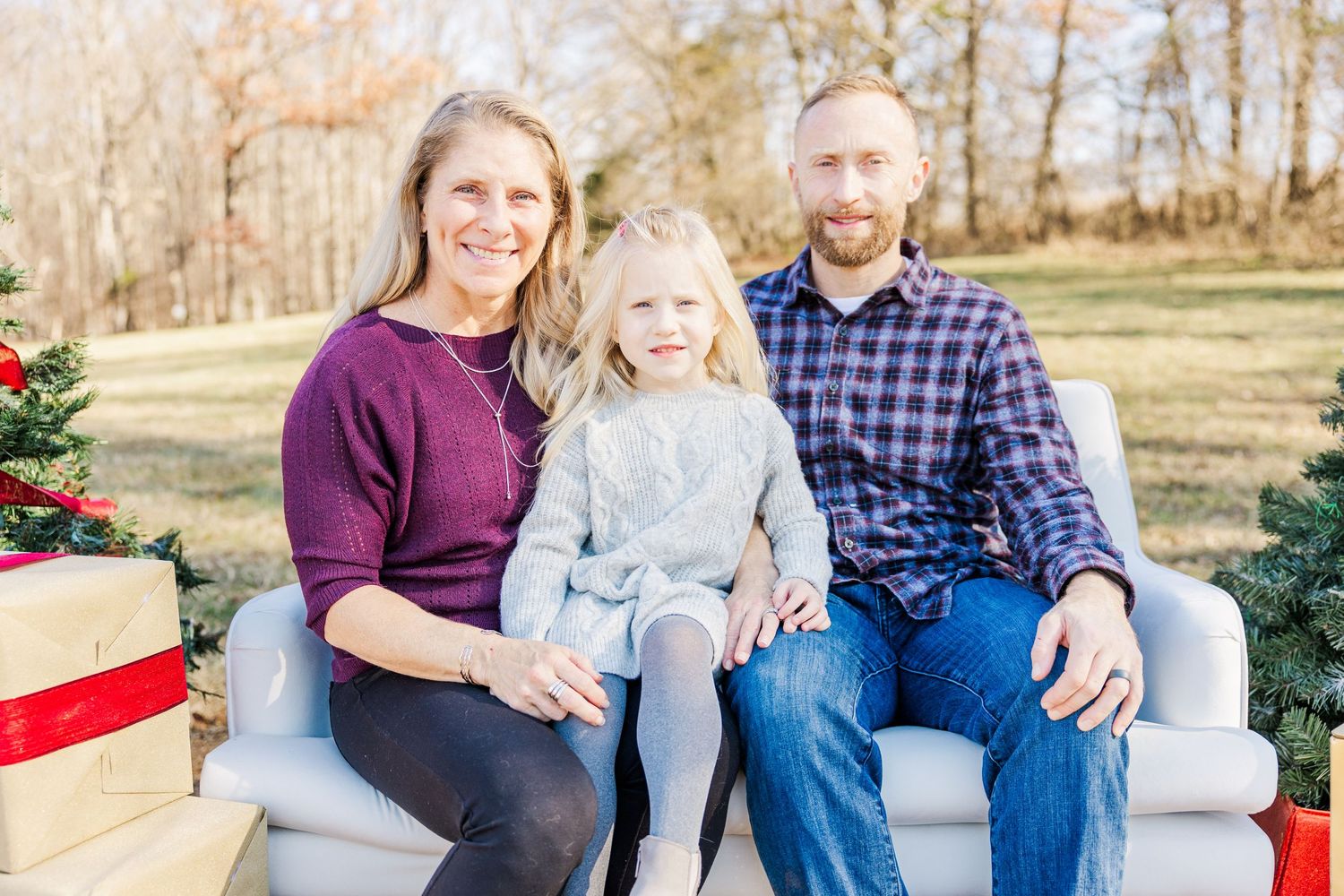 Casual outdoor family portraits arranged in a collage format showing different poses and groupings.