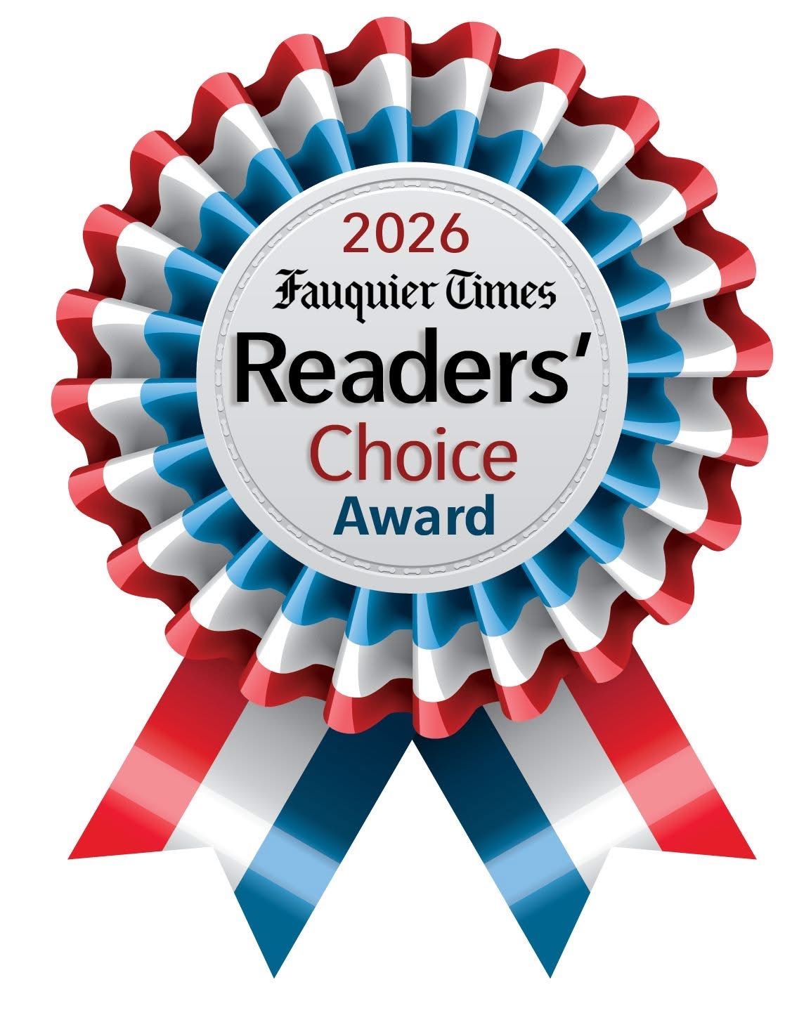 2026 Fauquier Times Readers' Choice Award ribbon in red, white, and blue colors.