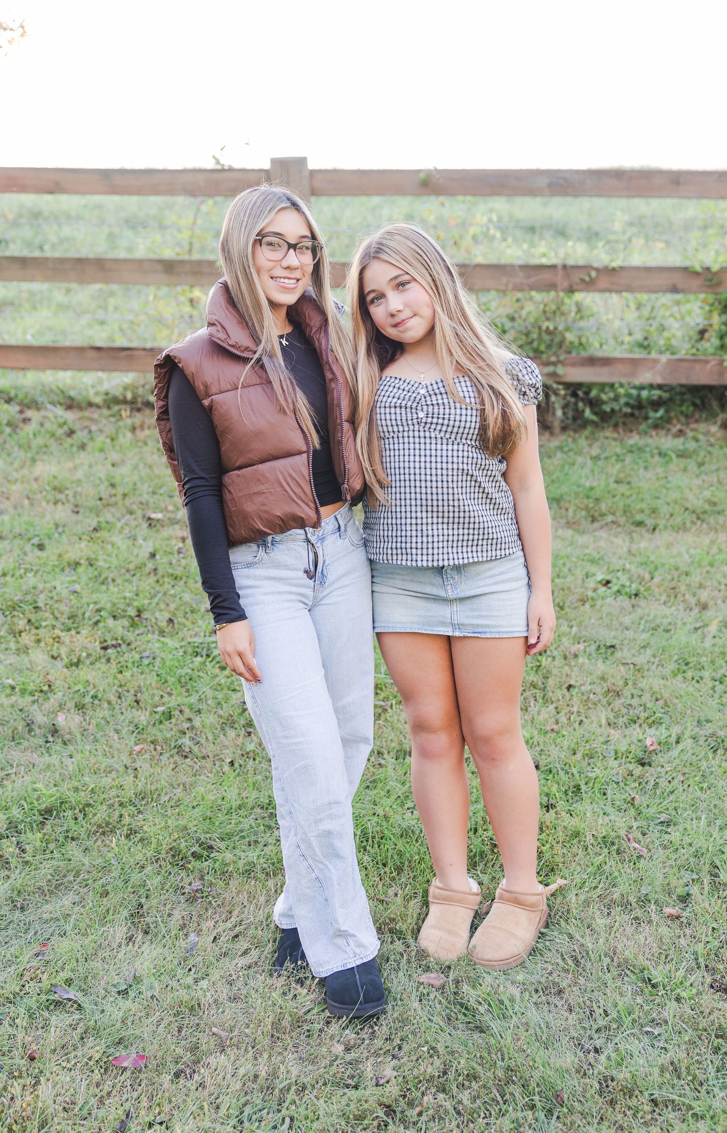 Two people in casual attire stand together on grass in a series of cropped photos showing their outfits.