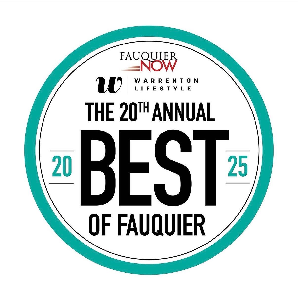 The 20th Annual Best of Fauquier award badge from Fauquier Now and Warrenton Lifestyle, 2025.