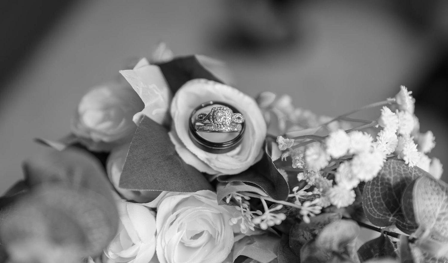 Wedding rings nestled inside a delicate pink rose captured in black and white.