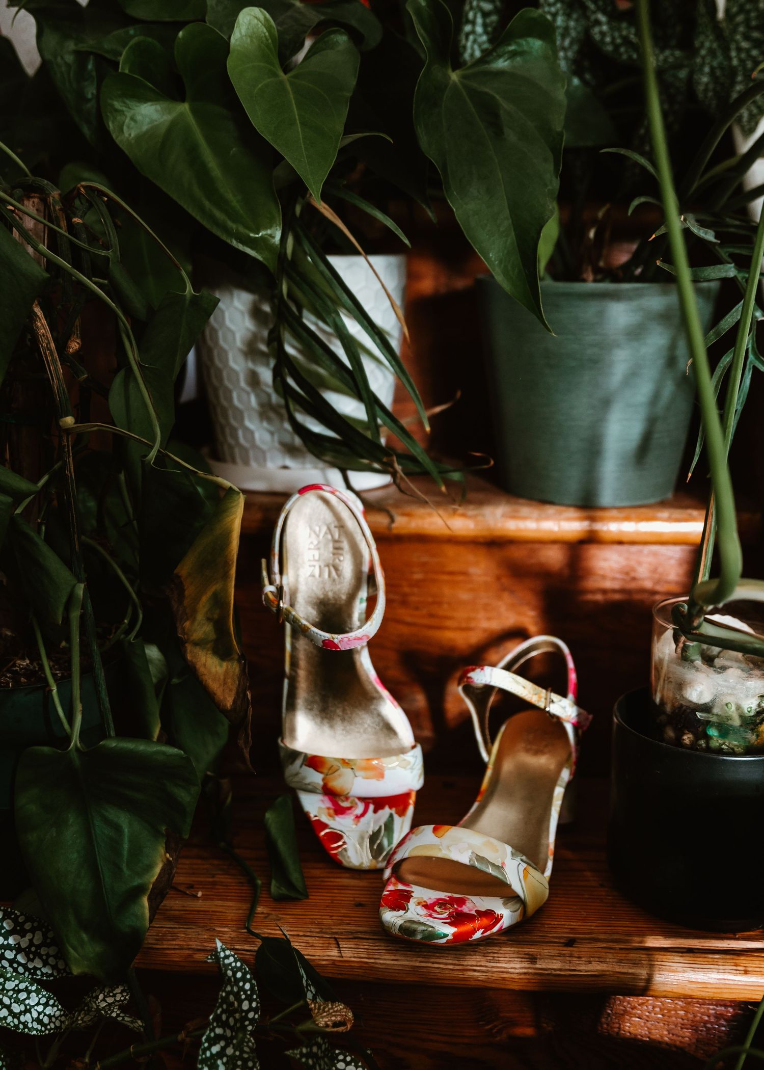 Floral print high heel sandals sit among potted plants and greenery on a rustic wooden surface.
