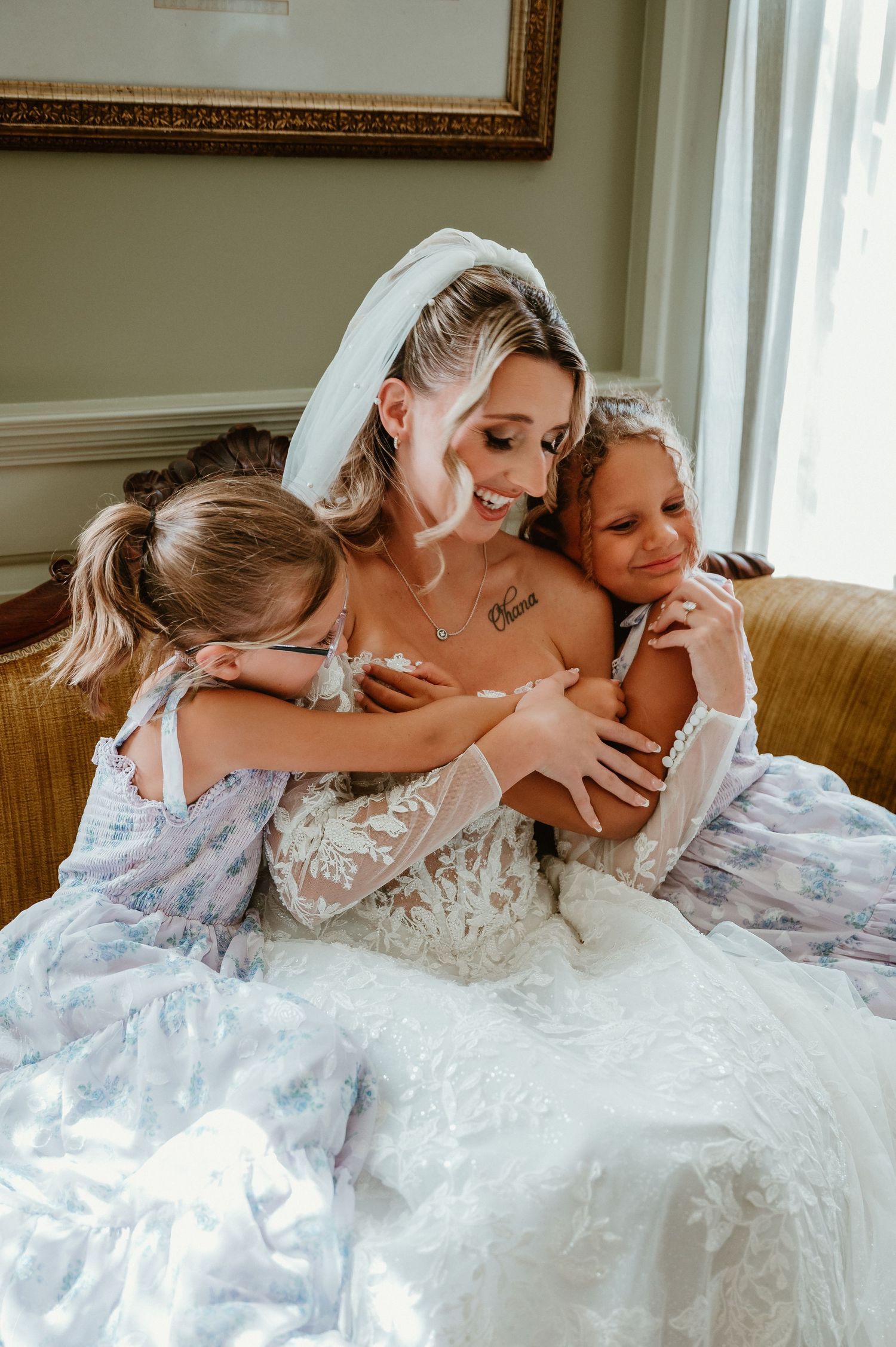 A series of five intimate wedding photos showing tender moments between a bride in a white lace gown and another person.