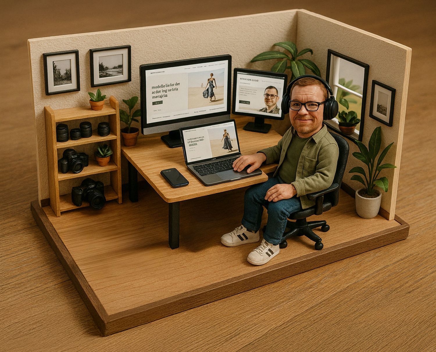 AI-genereret portræt af fotograf Jesper Johansen ved skrivebord med kameraudstyr og computerskærme.