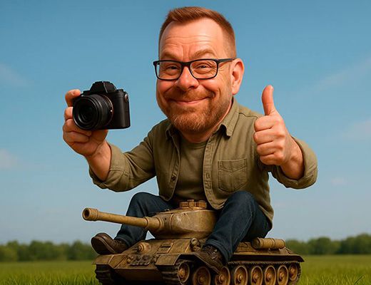 En AI-udgave af fotograf fra Aalborg, der sidder på toppen af en kampvogn med sit kamera og giver thumbs up.