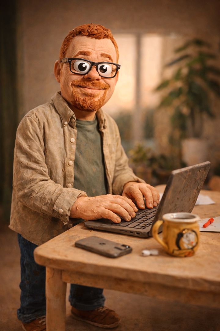 AI-genereret claymation stop-motion figur af fotograf ved laptop i hyggelig studiebelysning.