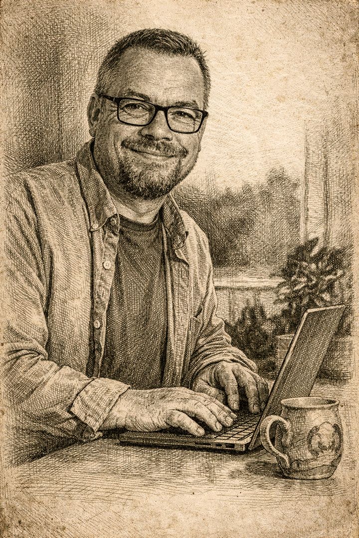 Portræt af fotograf i Aalborg i klassisk blyantsgravering med krydsskravering og renæssanceinspireret sepia-ætsningsstil.