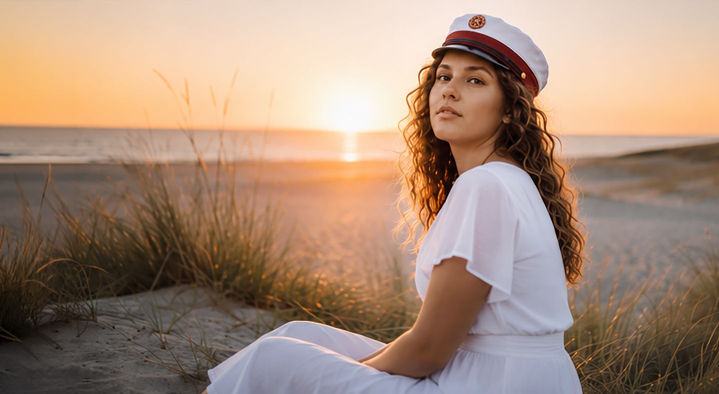 Studentportræt ved solnedgang på strand vest for Aalborg – ung kvinde med rød studenterhue i hvid kjole fotograferet i varmt gyldent lys.