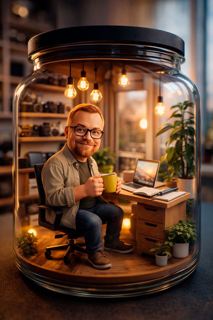 3D miniature diorama af fotograf i Aalborg i hyggeligt kontor med kameraer, laptop og varm belysning.