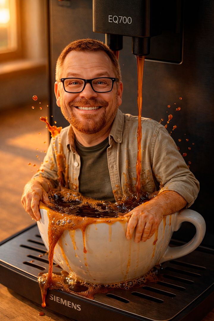 AI-genereret billede af mand i kaffekop under espressomaskine, lavet af fotograf aalborg JOEhansenFOTO.