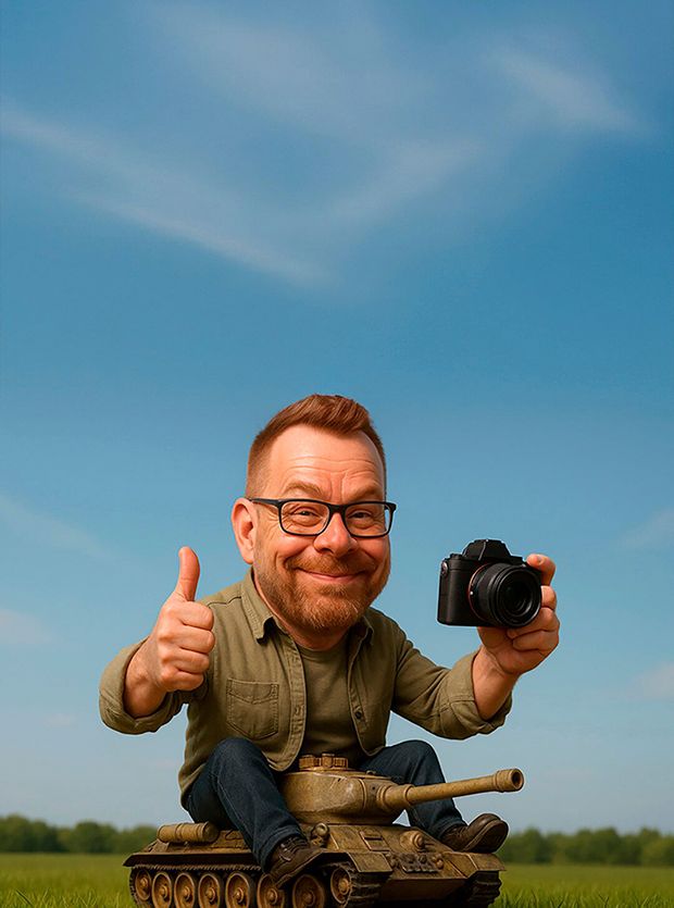 Fotograf i Aalborg og Nordjylland har lave en AI-udgave af fotografen, på toppen af en kampvogn med sit kamera og giver thumbs up.