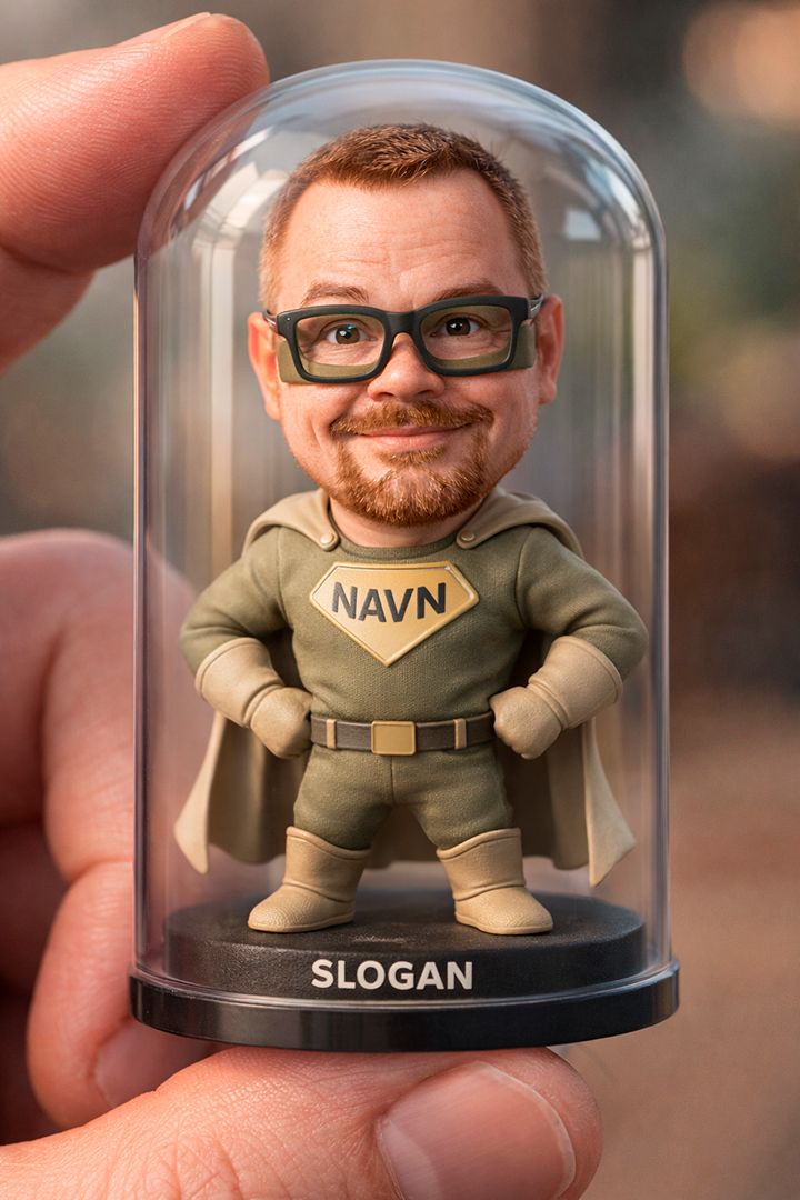 AI-genereret miniature superheltefigur af fotograf i Aalborg i 3D-karikaturstil med kappe og logo.