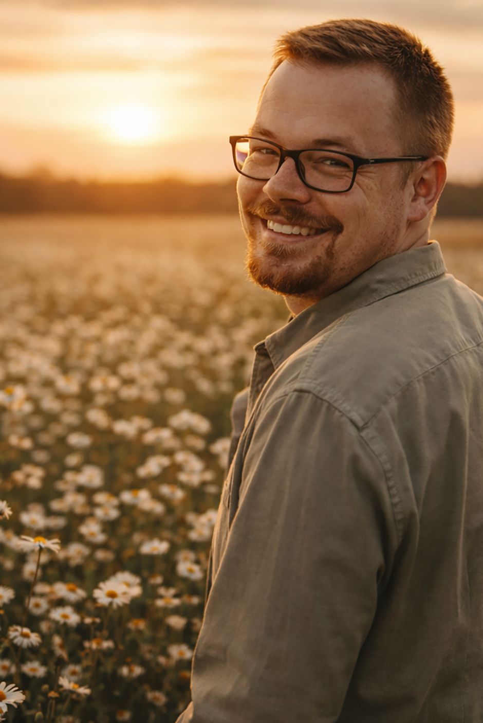 AI-genereret billede af fotograf aalborg, stående på en blomstermark i solnedgang.
