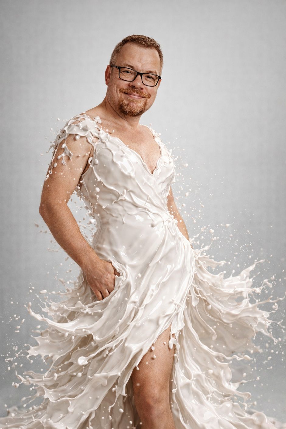 Et AI-genereret modelbillede af fotografen, iklædt en kjole lavet af hvid maling.