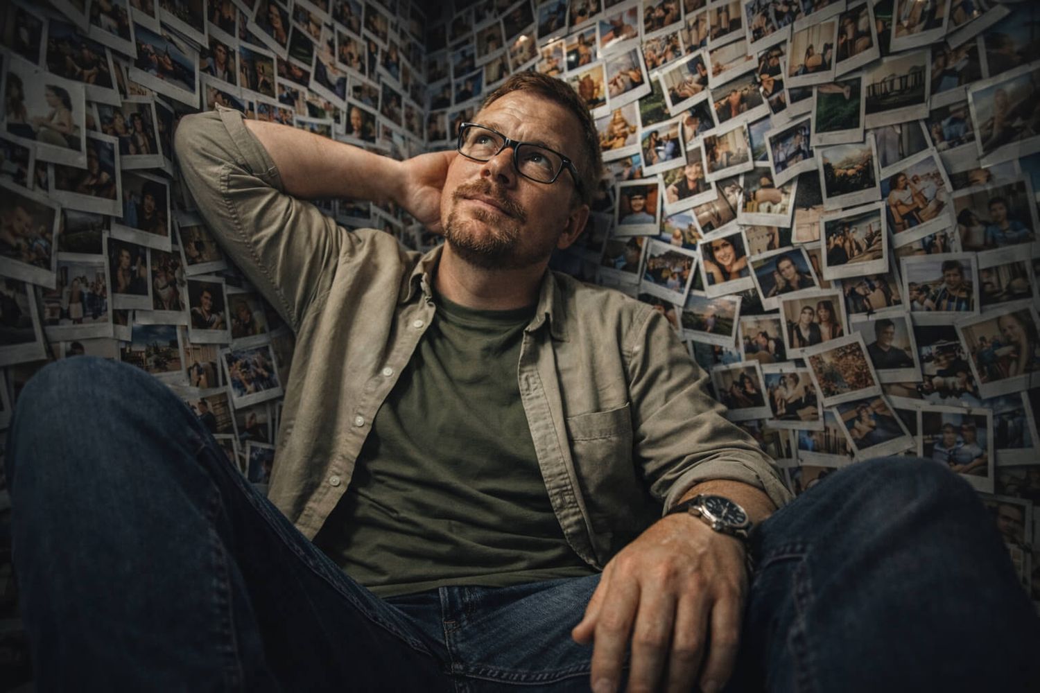 Jesper JOEhansen omgivet af fotografier – professionel fotograf i Aars.