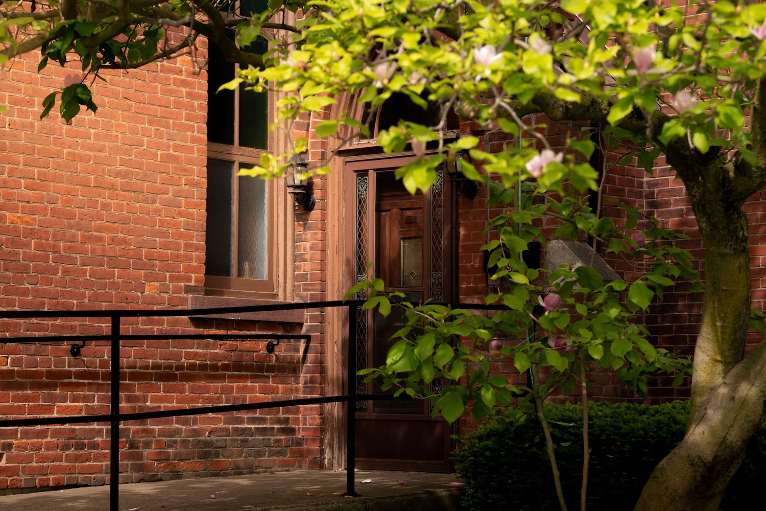 Red brick building entrance framed by green leaves in warm sunlight.