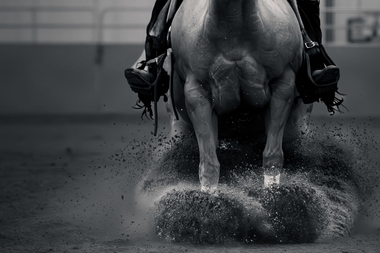 Dramatic black and white shot of a horse sliding to a stop, and spraying dirt into the air during equestrian an event.