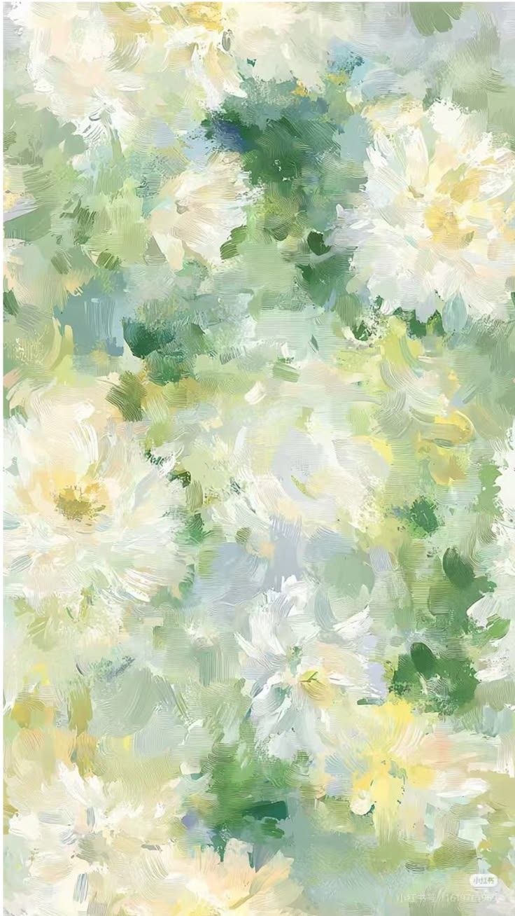 Impressionist oil painting of white dahlias in soft green, yellow, and blue tones with loose brushstrokes.