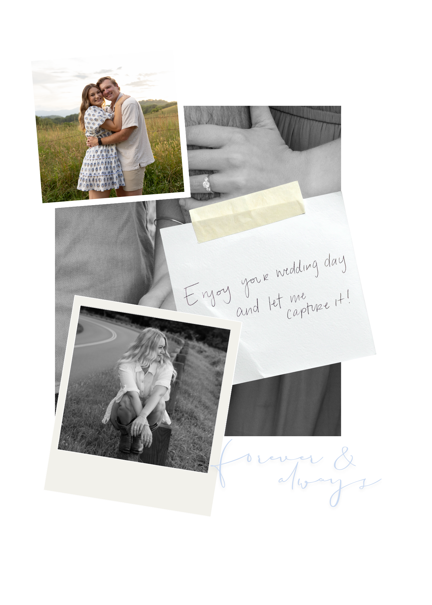 Wedding photography collage with polaroids, engagement ring close-up, and handwritten note on white background.