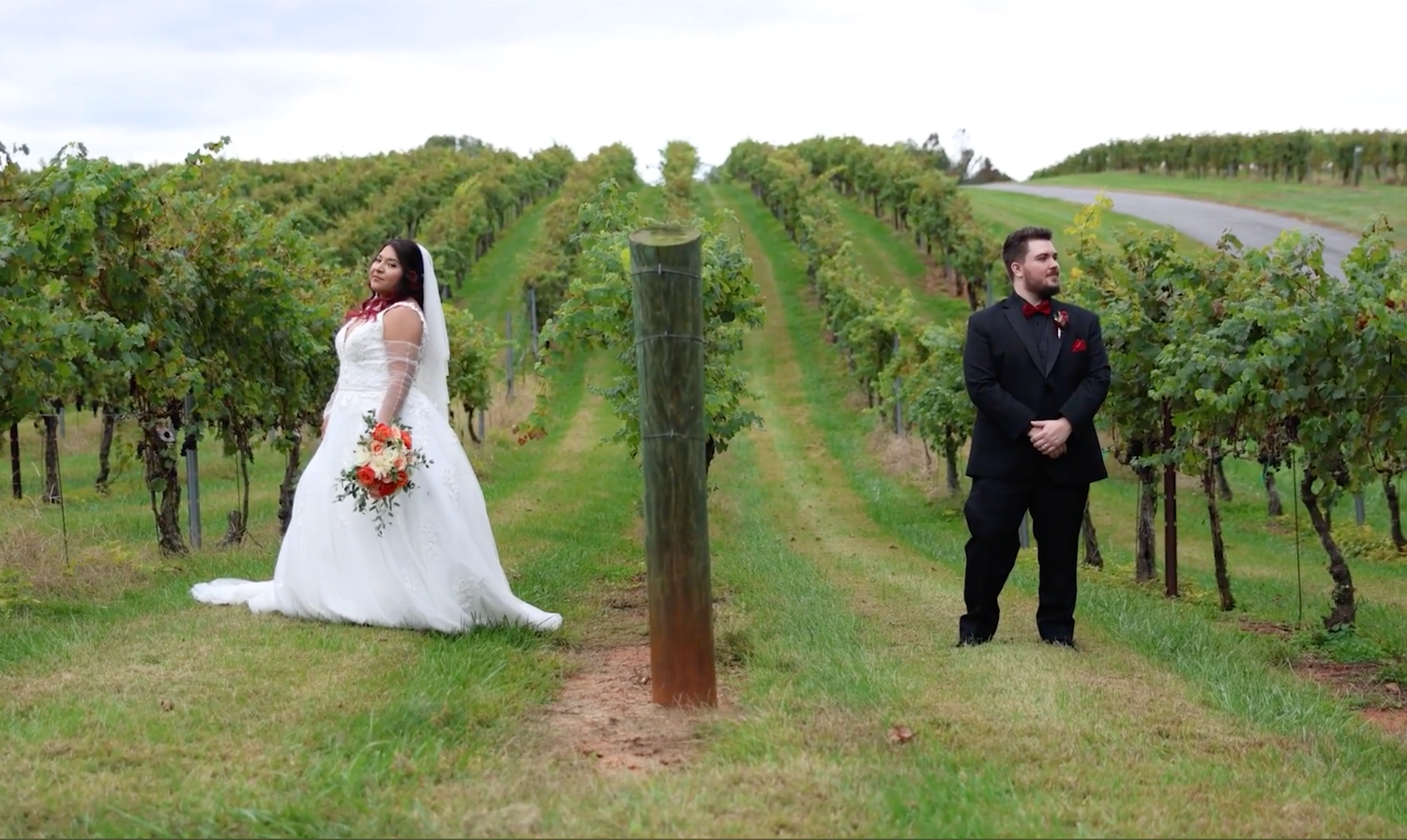 Bride and groom stand apart in lush vineyard rows during romantic outdoor wedding photo session.