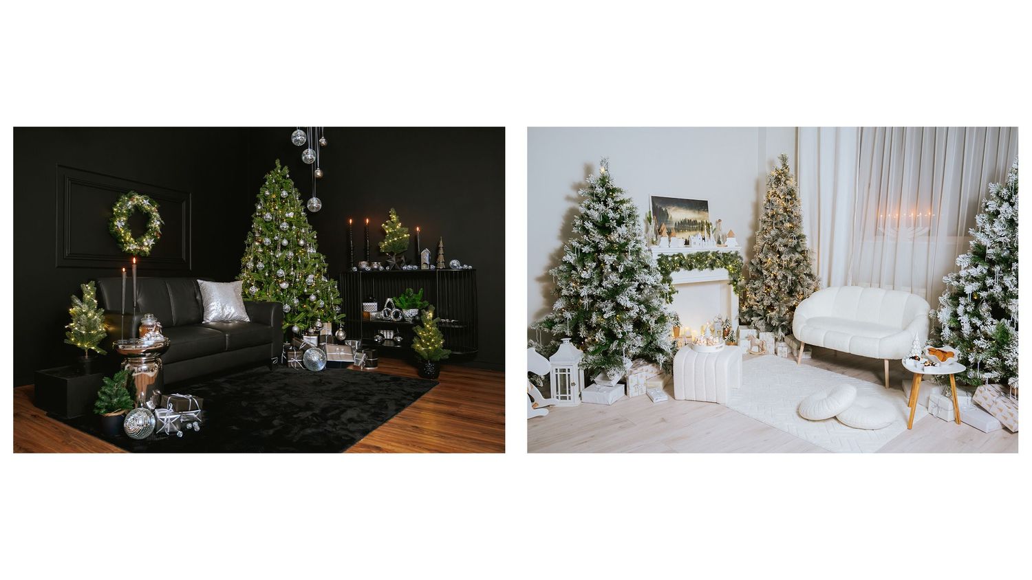 Two festive Christmas room setups, one dark and moody with a decorated tree and wreath, the other bright and white with frosted trees.