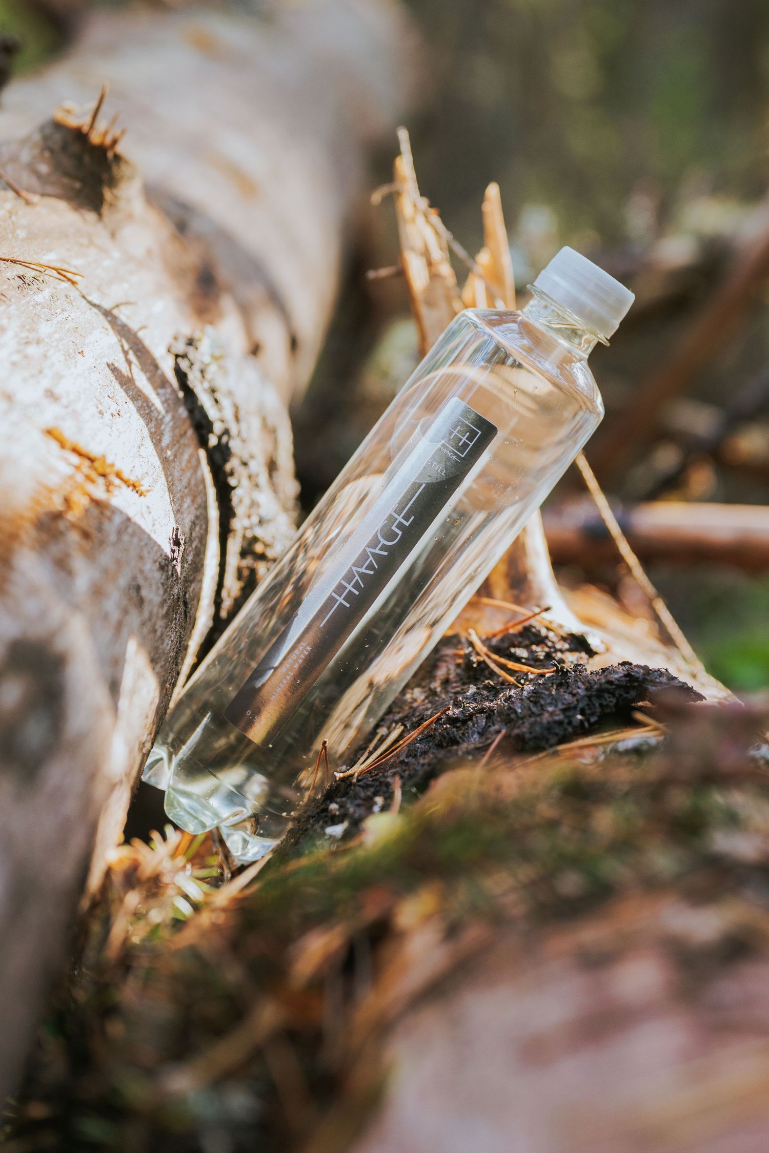 Clear HAANA water bottle leaning against split birch logs surrounded by moss in forest setting.