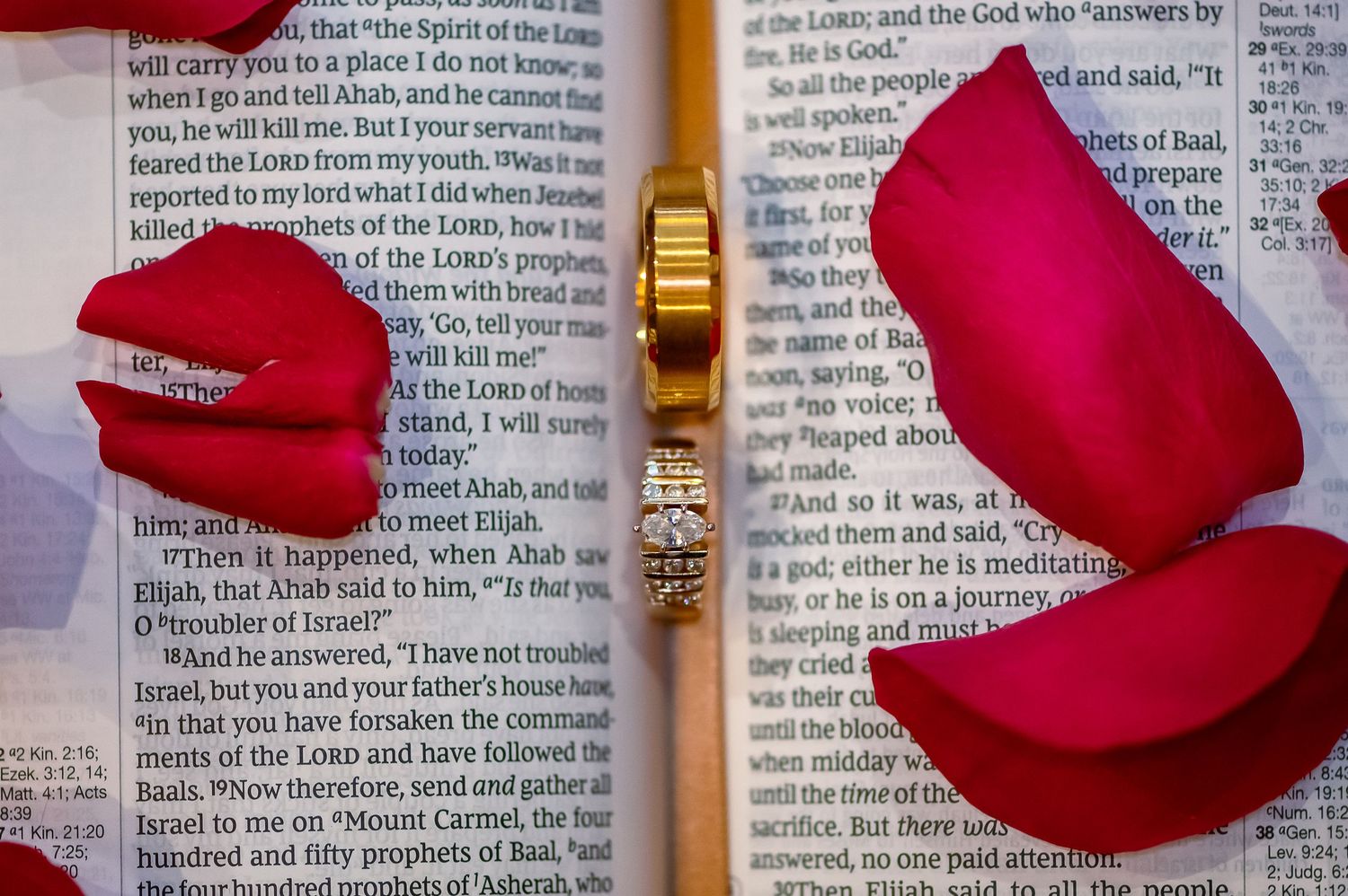 Wedding rings rest on open Bible pages with red rose petals, symbolizing faith and love.