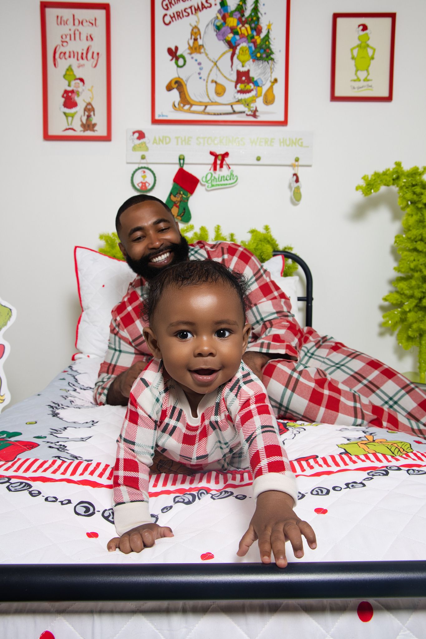 Four sequential photos showing joyful holiday moments with matching plaid outfits against a festive decorated wall.