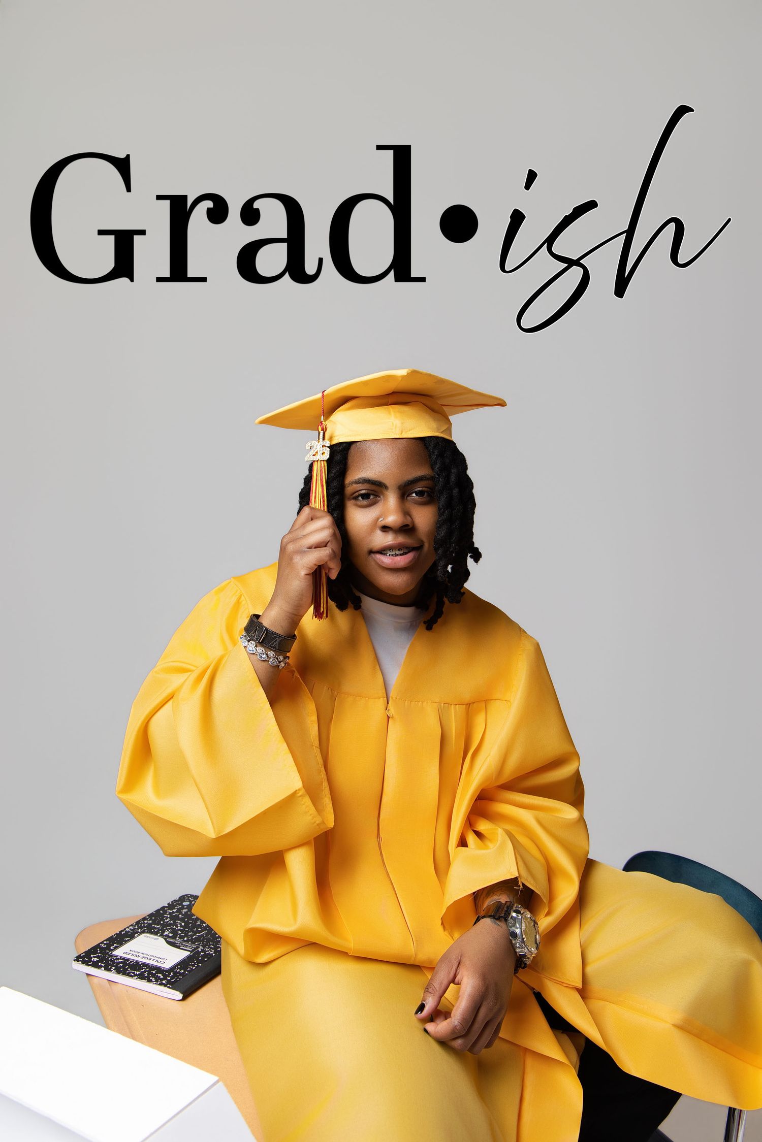 Graduate in bright yellow academic regalia poses for a series of celebratory portraits against a light background.