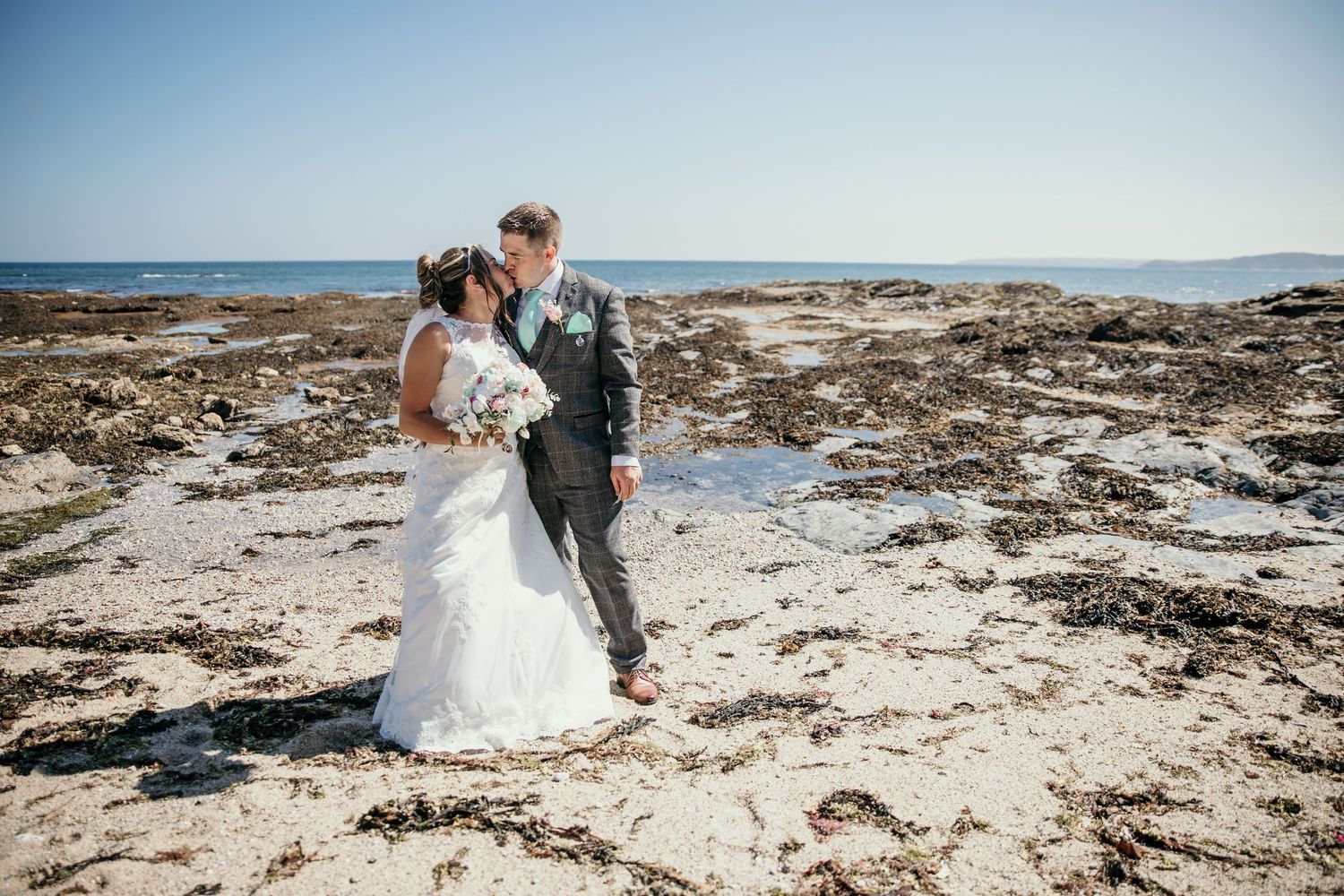 beach dreamy bride and groom