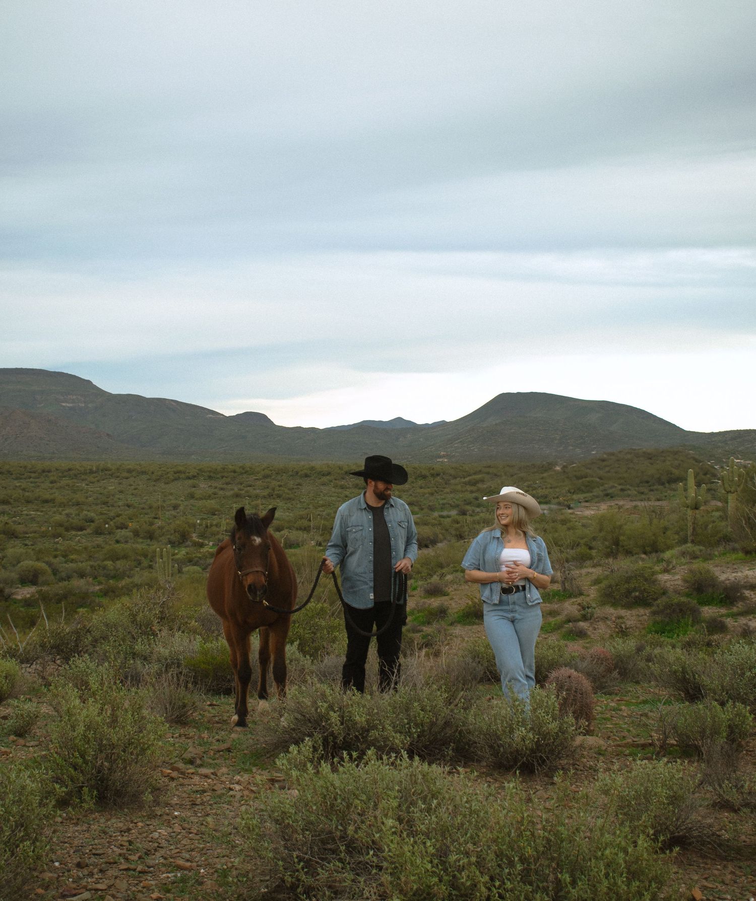 People and a horse standing in a desert landscape with mountains in the background.