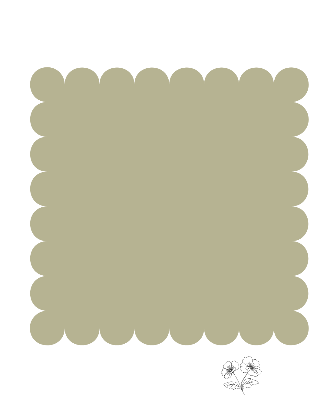Scalloped edge square frame in sage green with small floral logo at bottom.
