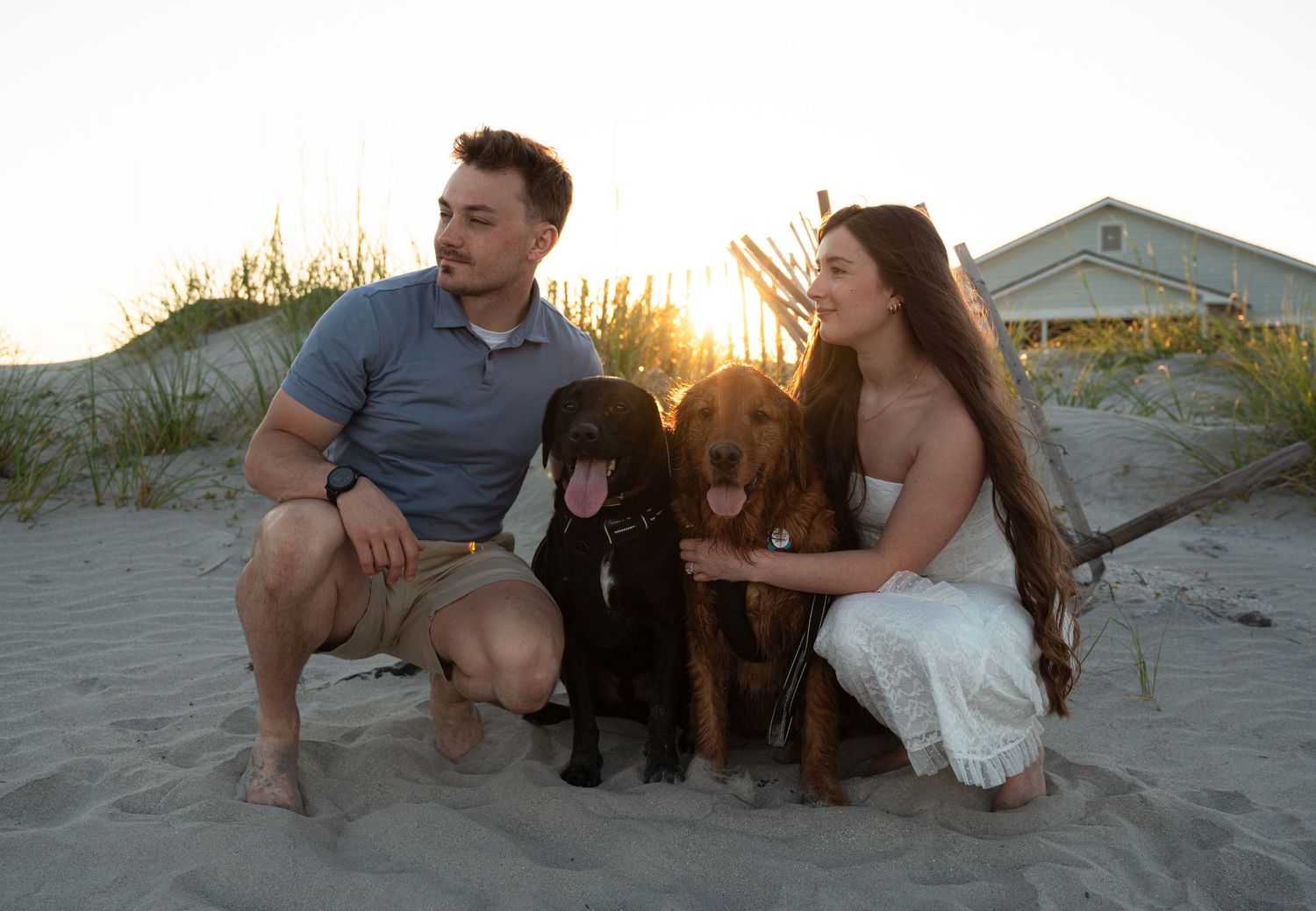 Couple sitting on sandy beach at sunset with two dogs, a black Lab and a brown dog, near coastal dunes.