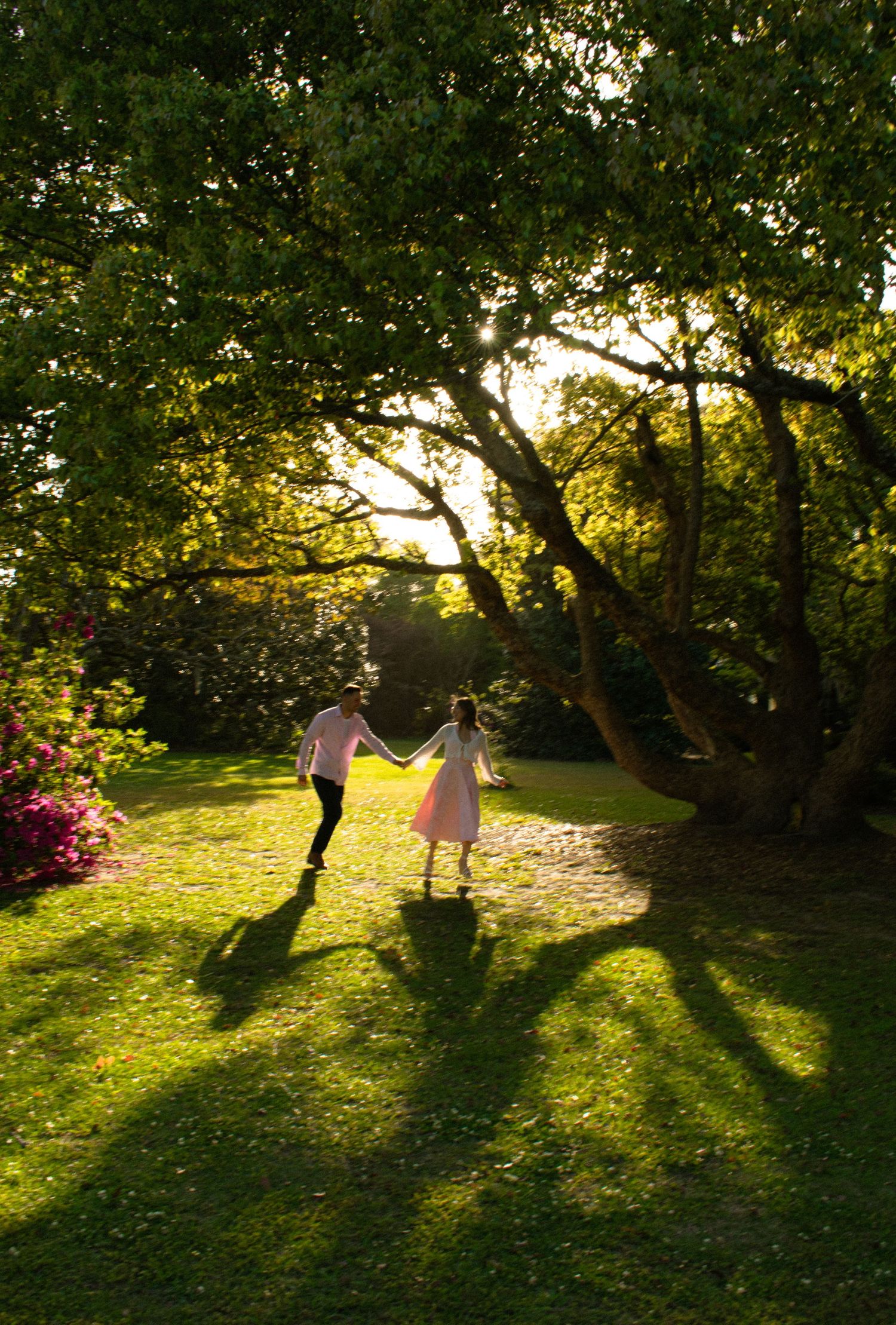 Couple holding hands walking through a sunlit garden with lush green trees and glowing golden light at sunset.