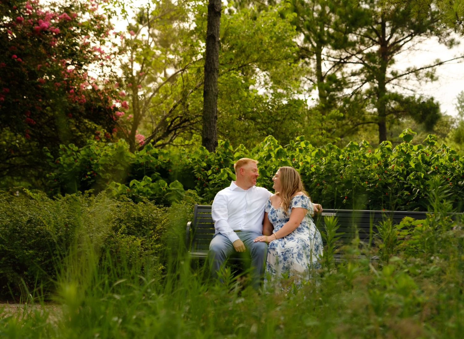Engagement photos, quiet moment on bench for soon to be married couple, Houston, Tx
