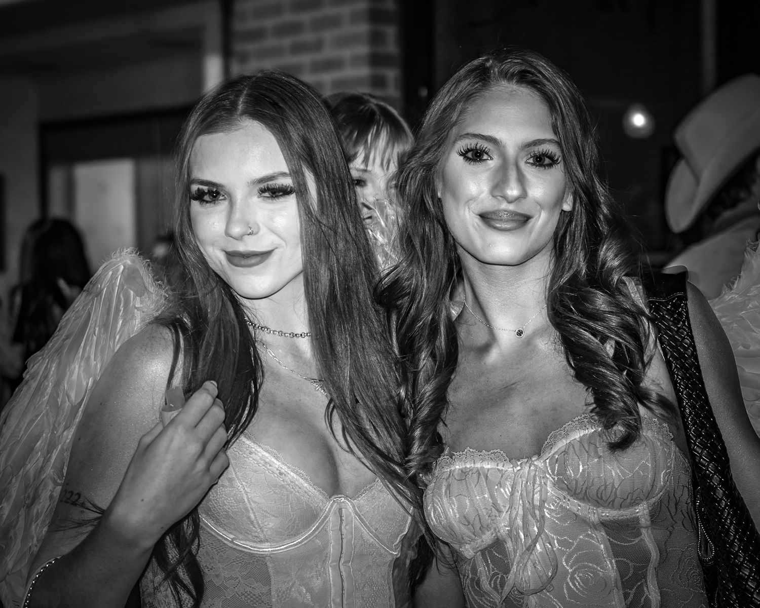Group portrait black and white beautiful girls in costume. Captured by a Seguin photographer at grain n glass