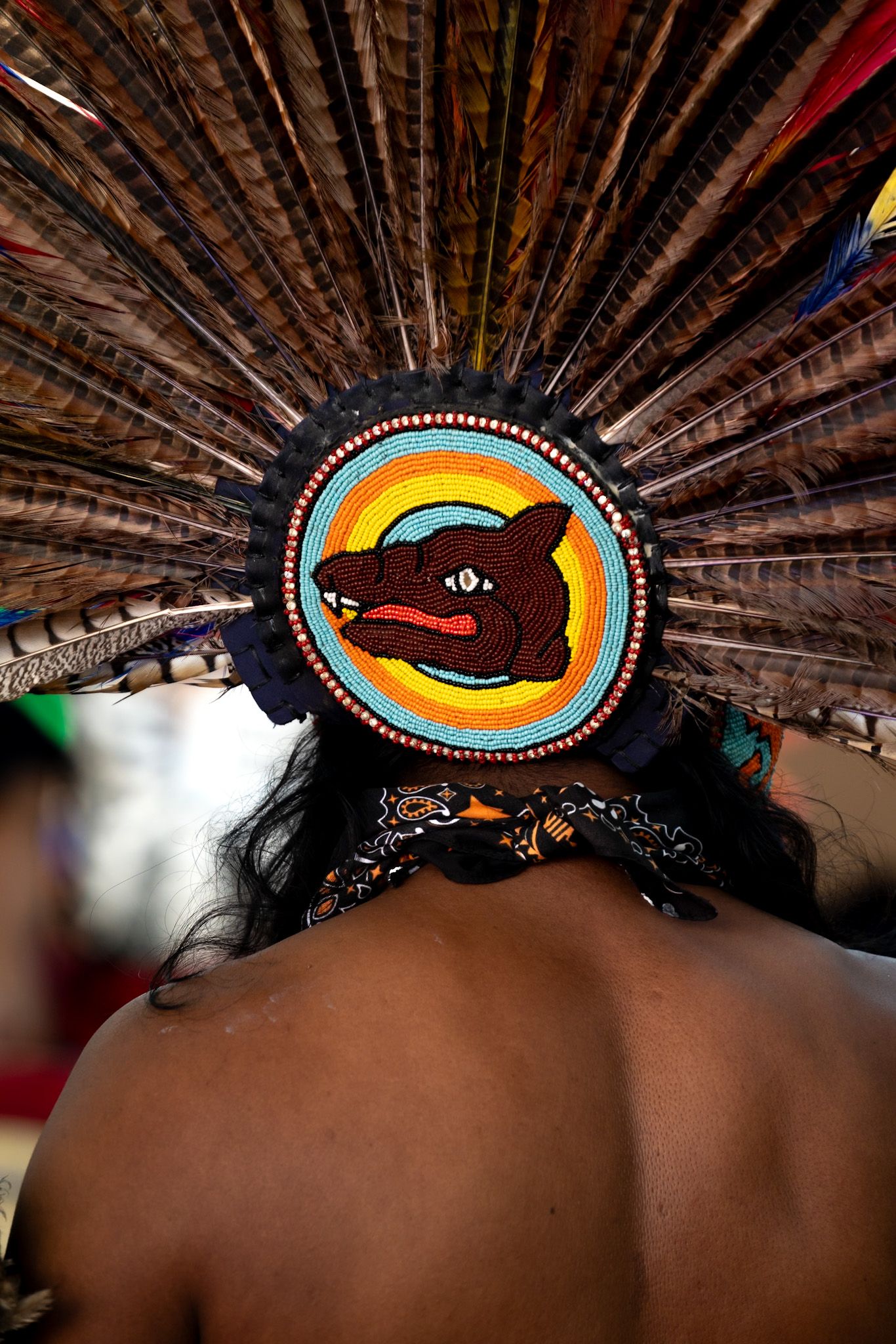 Native American ceremonial headdress with intricate beadwork and feather details displayed in panoramic view.