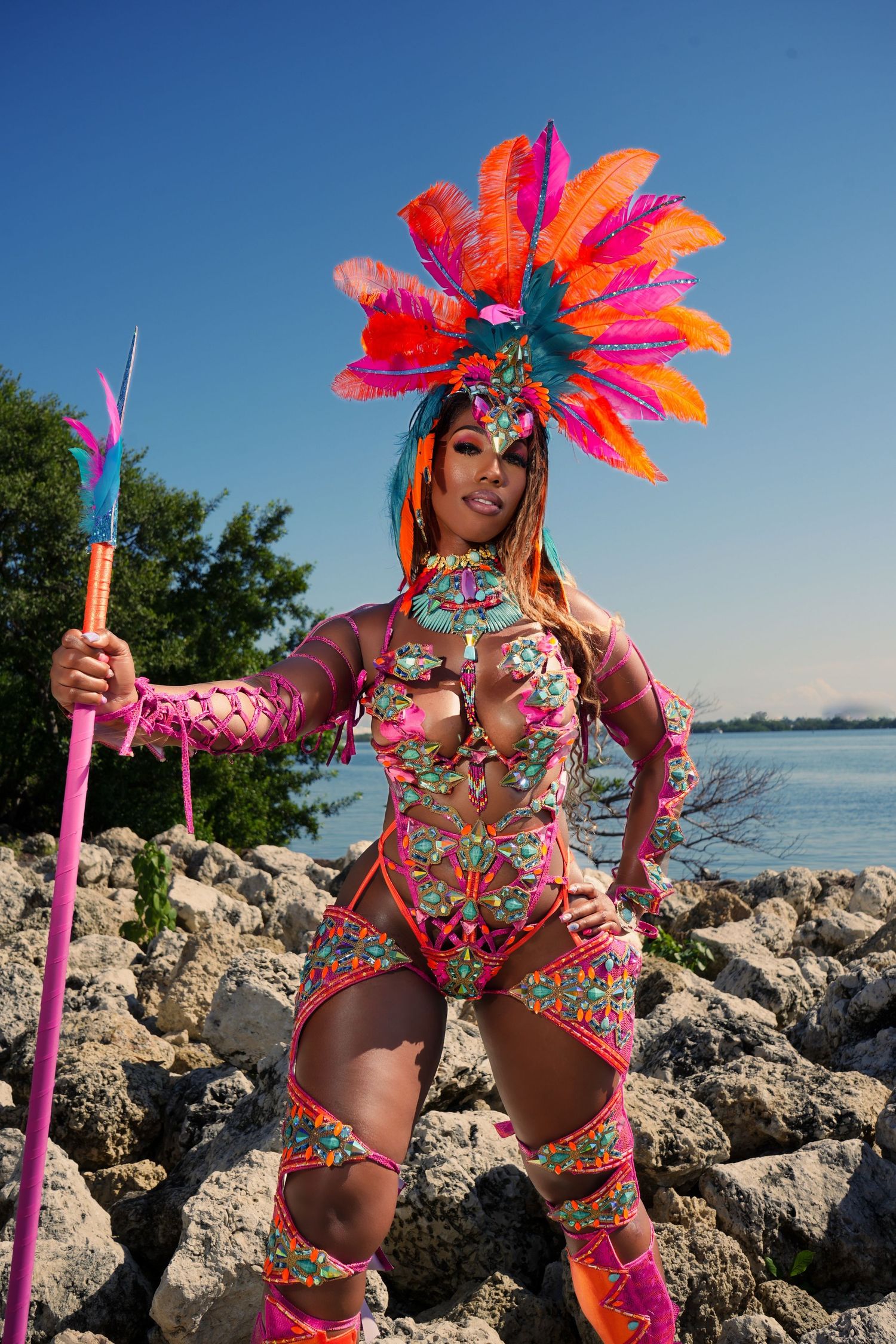 Vibrant carnival costume with pink and orange feathered headdress and floral bodysuit photographed against rocky beach landscape.