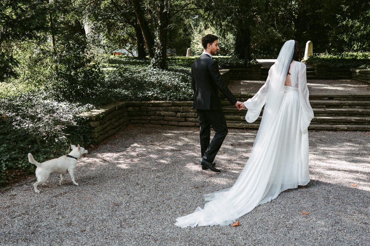 Hochzeitsfotografie Zürich Portrait Braut und Bräutigam im Garten mit Hund