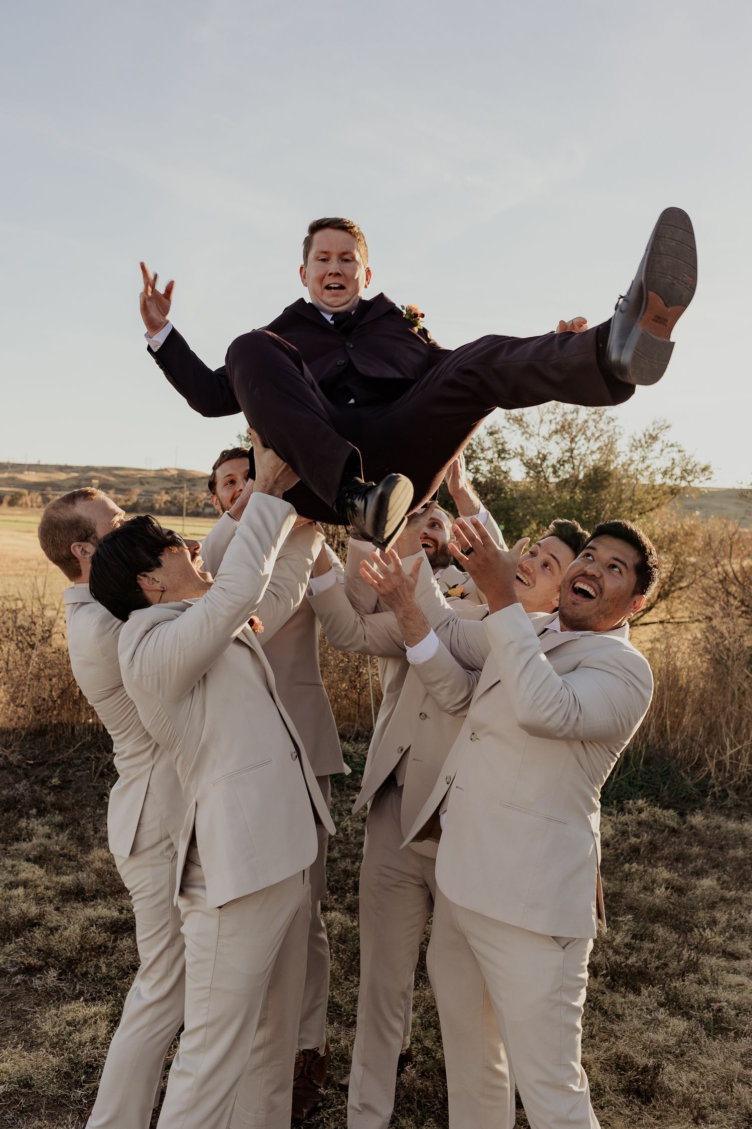 Groomsmen in tan suits joyfully toss groom in dark suit into the air outdoors at a wedding celebration.