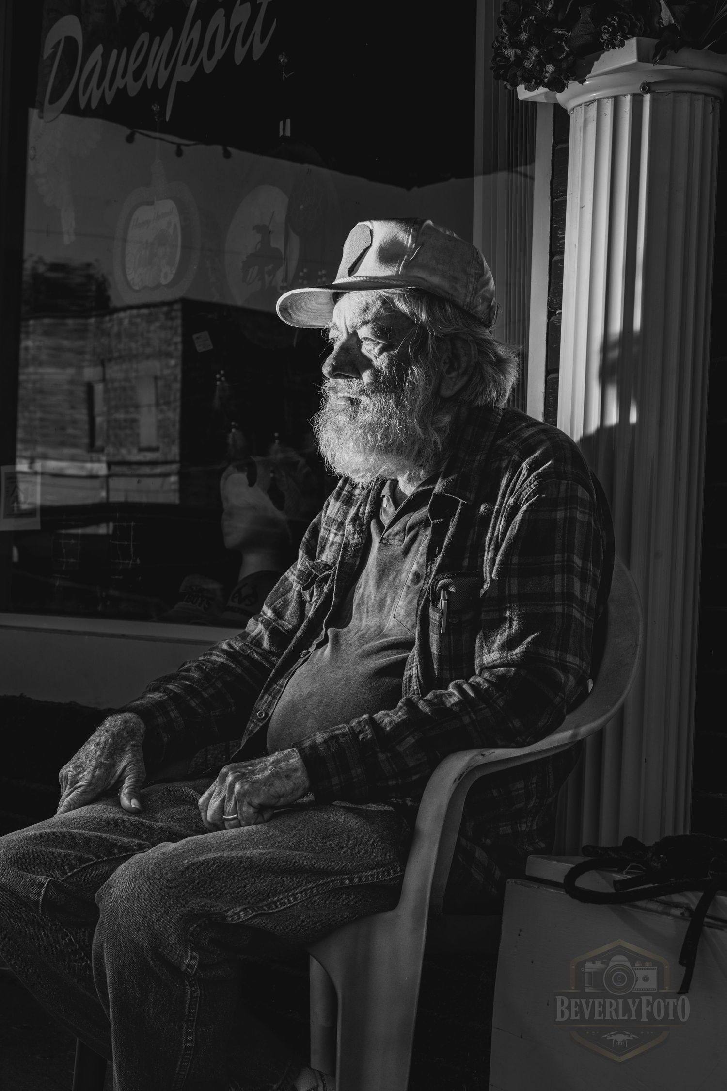 Black and white photo series showing a person in a cowboy hat relaxing on a porch chair in low light conditions.