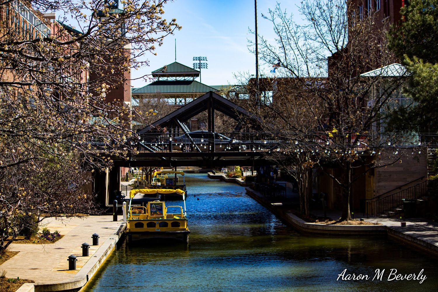 Panoramic view of waterfront with bare trees and bridge in winter landscape.