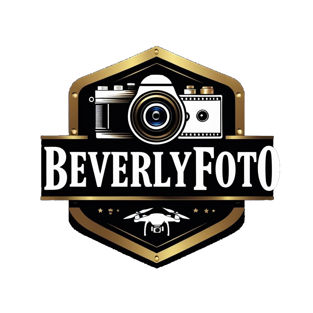 A vintage-style logo design featuring a camera, film strip and drone icon in black and gold hexagonal badge format.