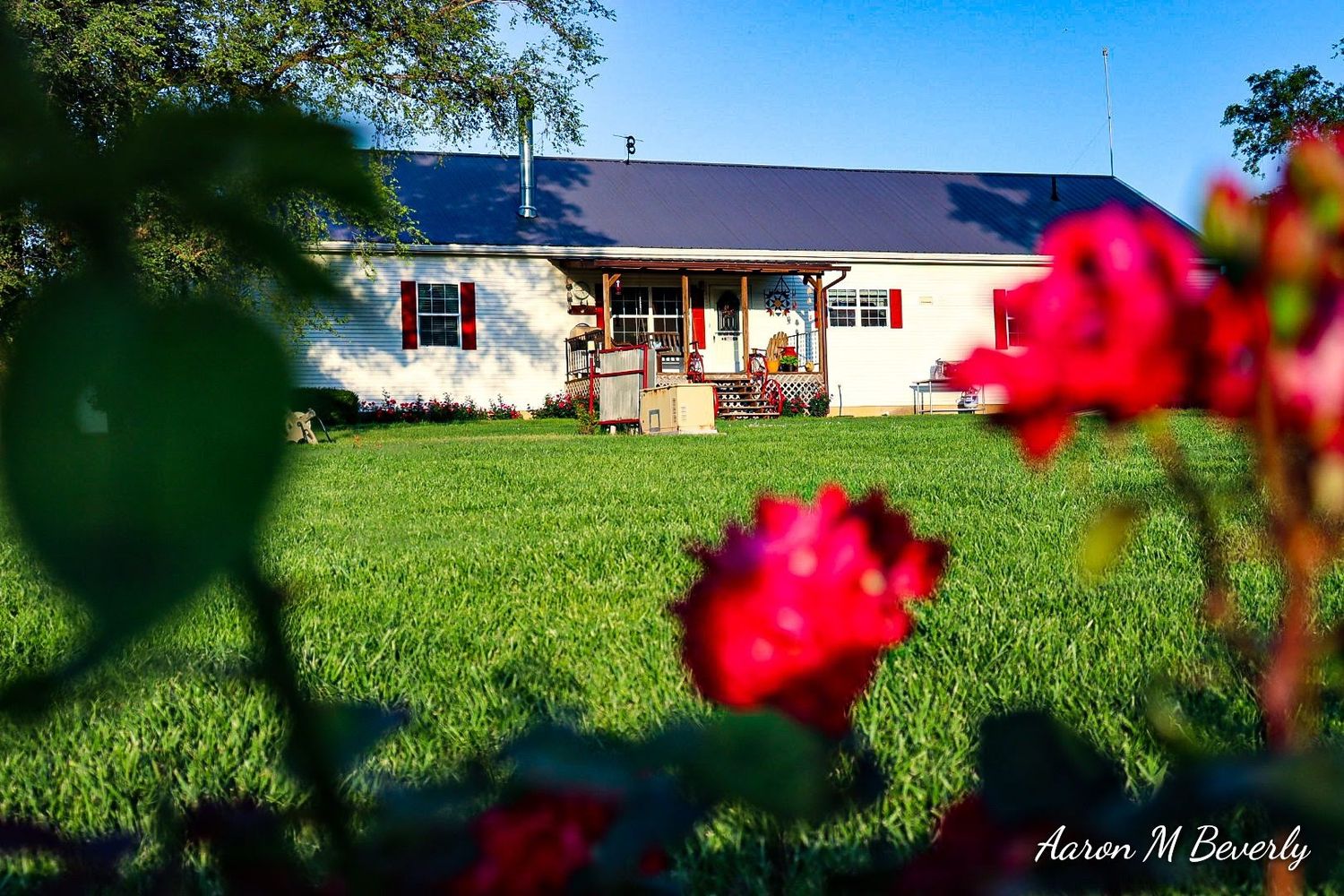 Panoramic view of a rural farmhouse with red flowers in the foreground.