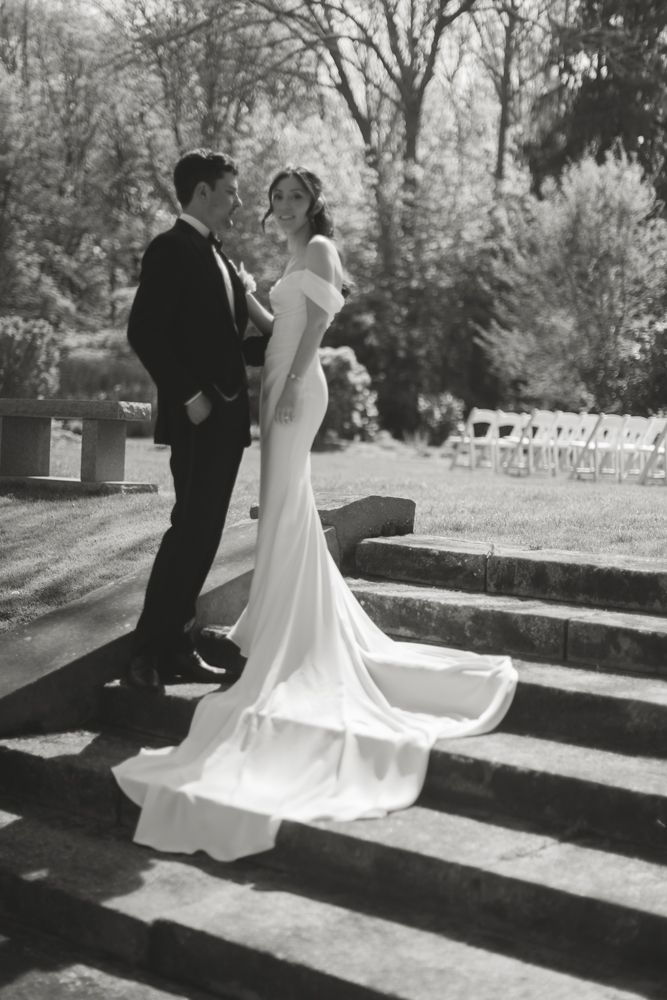 portrait of bride and groom on stairwell