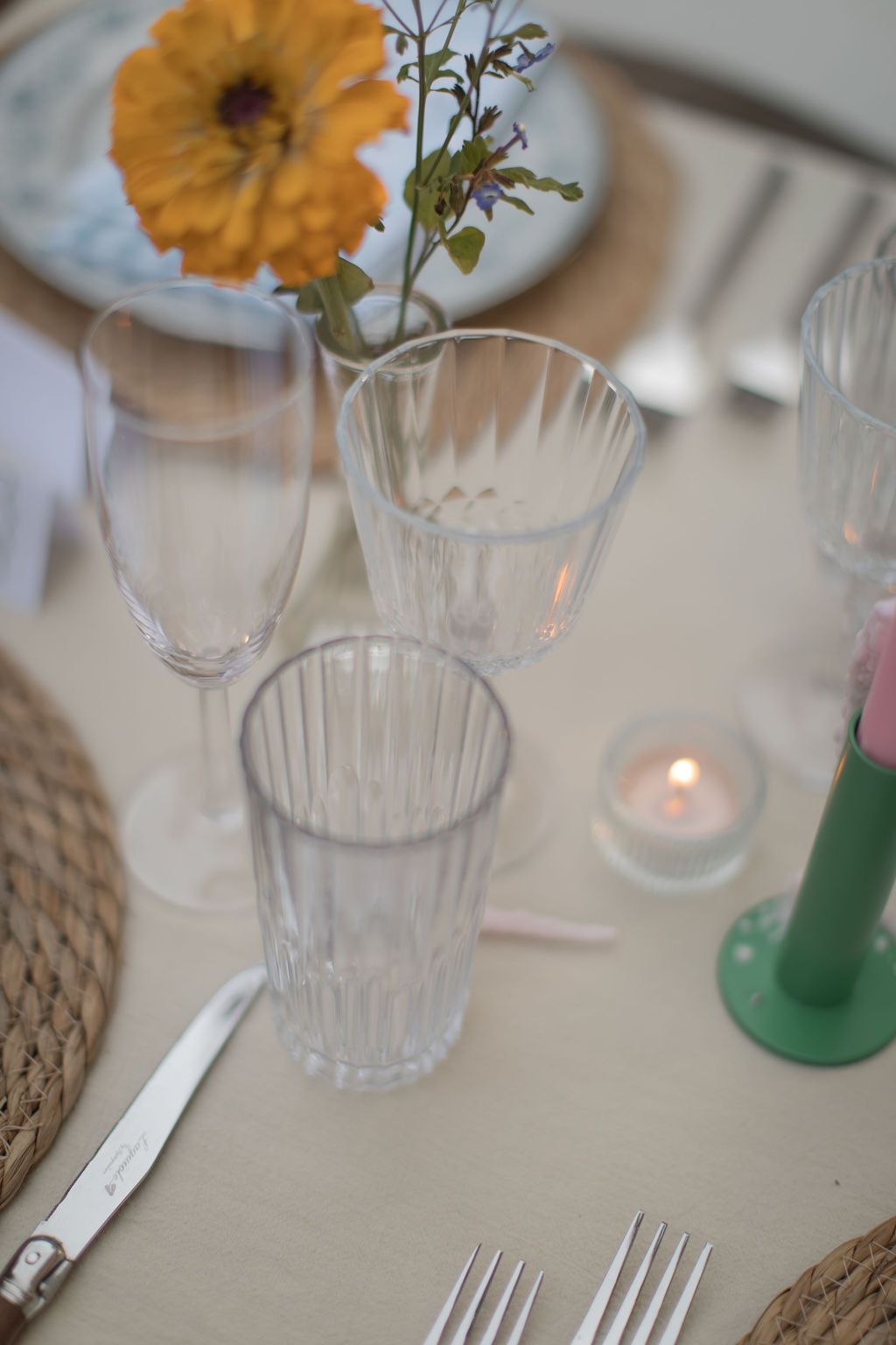 glassware on table at backyard wedding ceremony in newport rhode island