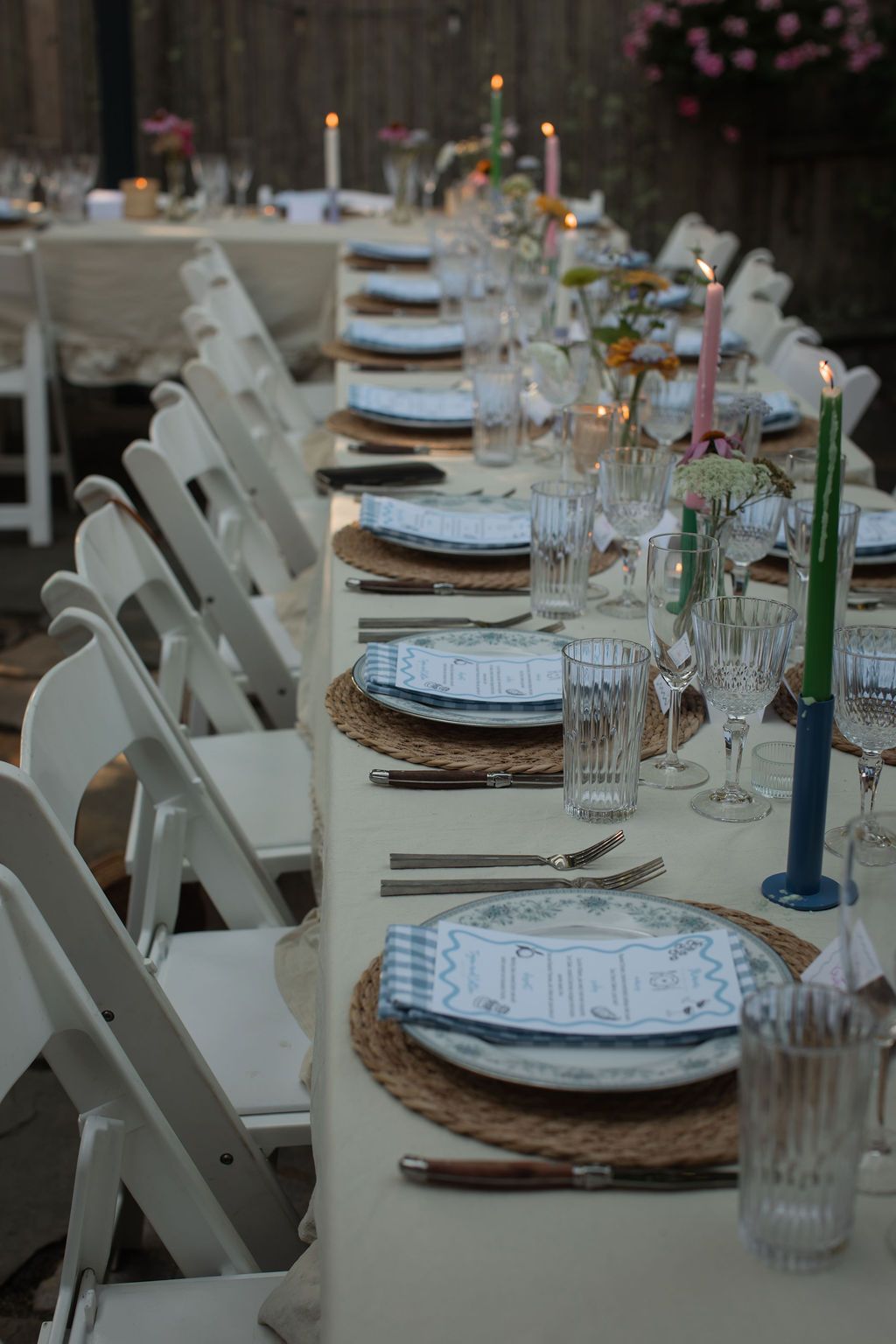 backyard wedding reception table set up