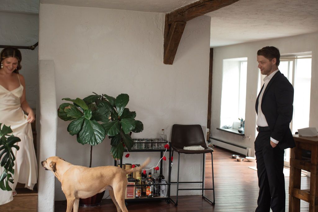 bride and groom with their dog in living room